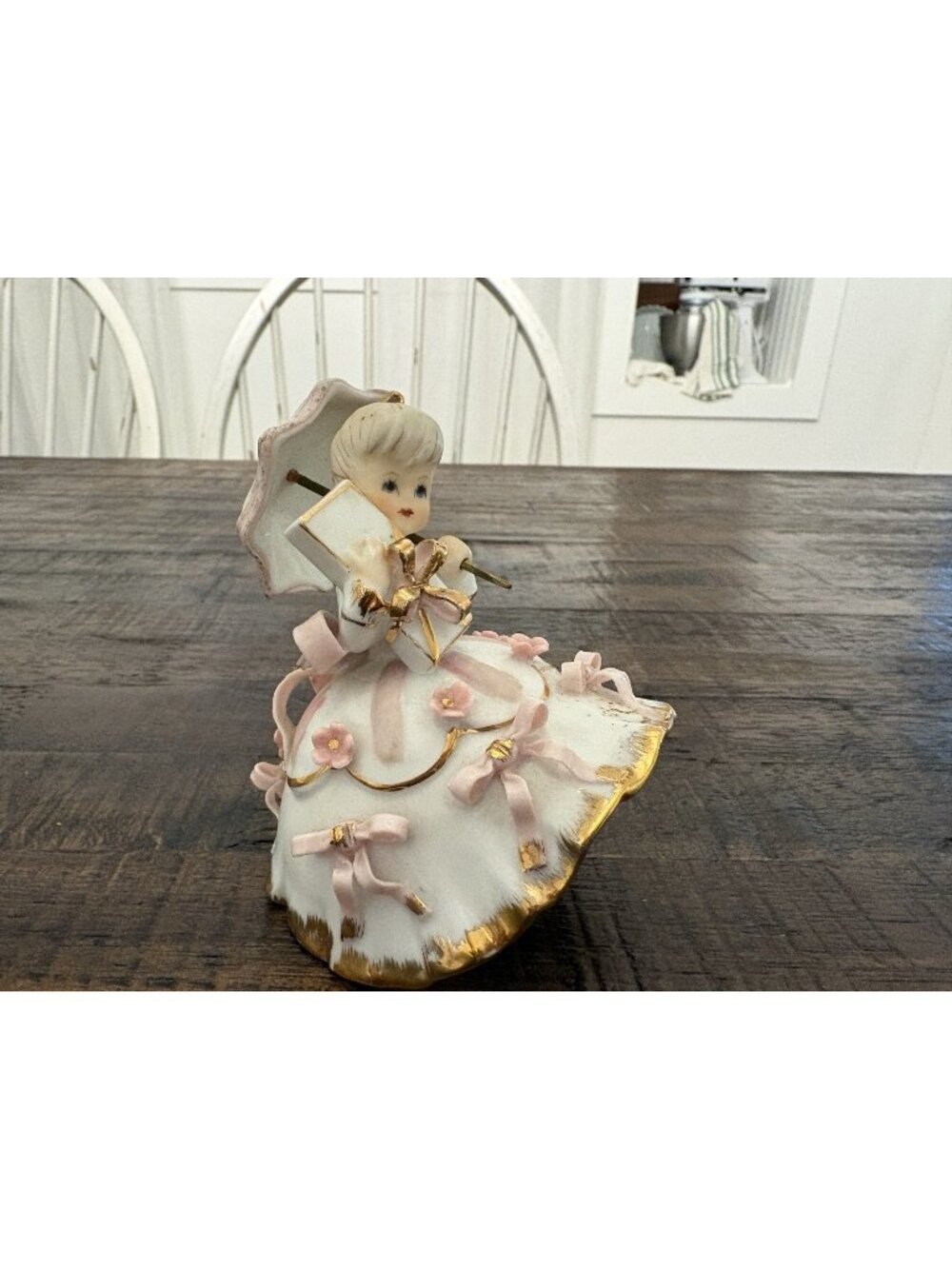 Vintage Lefton Bloomer Girl With Umbrella Pink Ruffles Porcelain Figurine